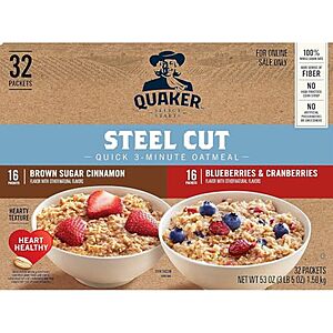 Quaker Steel Cut Oats Deal on Amazon 32-Count Quaker Steel Cut Quick 3-Minute Oatmeal box