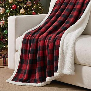 50x60 Eddie Bauer Reversible Sherpa & Fleece Throw Blanket (Cabin Plaid Red)