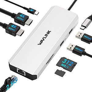 WAVLINK 7-in-1 Laptop Docking Station w/ Dual 4K HDMI, 2.5G Ethernet, 140W PD & 10Gbps USB-A + Free
