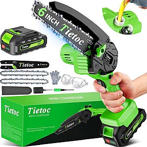 $15.99 – Tietoc 6″ 880W Cordless Mini Chainsaw w/ 2000mAh Battery, 2 Chains & Auto Oiler (Green) –  with Promo Code TIETOC06