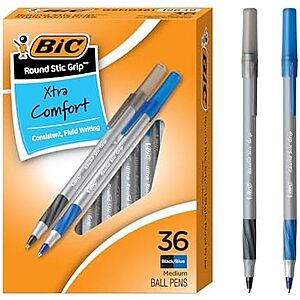 $3.85 – SnS  | 36-Count BIC Round Stic Grip Xtra Comfort Ballpoint Pens (Medium Point, Black & Blue) at Amazon