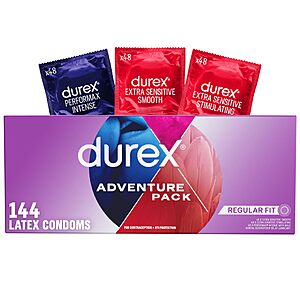 Durex Condoms Variety Adventure Pack: Mix of Durex Extra Sensitive, Stimulating, Performax Intense Ribbed & Dotted Latex Condoms, 144 Count