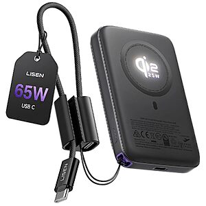 $39.99 – LISEN 10000mAh Qi2.2 25W Magnetic Wireless Power Bank for iPhone w/ 65W USB-C Charging (Anthracite Black) –  + Free Shipping