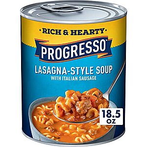 $1.58 – * | 18.5-Oz Progresso Rich & Hearty Lasagna-Style Soup w/ Italian Sausage at Amazon