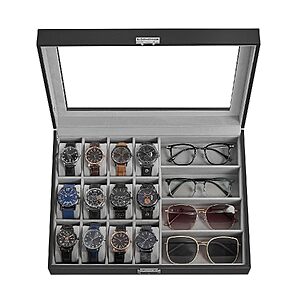 $17.94 – Songmics 16-Slot Watch & Sunglasses Organizer Box w/ Glass Lid (Ink Black/Dove Gray) – Amazon Prime Exclusive Deal