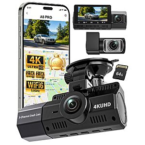 $54.99 – Eivikga 3 Channel Dash Cam Front and Rear Inside with STARVIS 2 Night Vision, WiFi 6 APP Access, GPS and 64GB Card