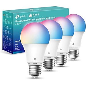 $13.60 – Resale  | 4-Pack Kasa Multicolor Dimmable Wi-Fi Smart Bulb, A19, KL125P4 (Used – Like New) at Amazon