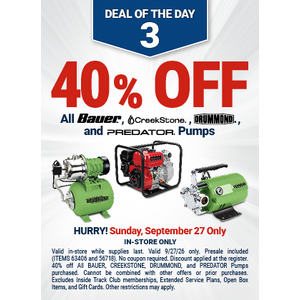Harbor Freight Deal of the Day: 40% off BAUER, CREEKSTONE, DRUMMOND, PREDATOR Pumps, 30% off PREDATOR Gas Engines on 9/27