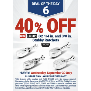 $77.99 – Harbor Freight, 9/30, 40% off ICON G2 1/4 and 3/8 stubby ratchets, ICON G2 1/2 26in flex drive locking ratchet,