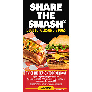 Smashburger BOGO deal - buy one burger or Big Dog, get one free