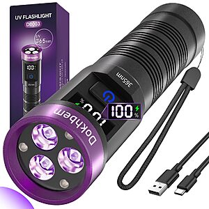 $9.99 – 365nm 3-LED UV Black Light Flashlight w/ USB-C Rechargeable & LCD Display + Free Shipping w/ Prime or on $35+