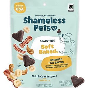 $2.20 – SnS, AC  | 6-Oz Shameless Pets Soft-Baked Dog Treats (Bananas for Bacon) at Amazon
