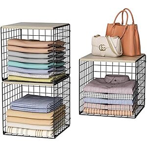 $21.99 – 3-Pack Stackable Closet Organizer Shelves w/ Wood Top & Metal Wire Basket  + Free Shipping w/ Prime or on $35+