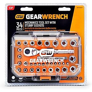 $24.41 – * | 34 Pc GEARWRENCH 1/4″ Drive Stubby Socket Mechanics Hand Tool Set at Amazon