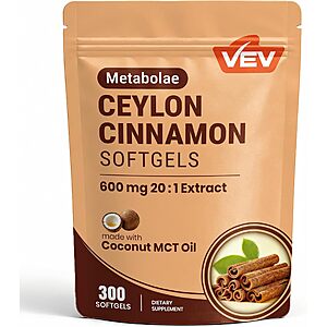 $7.80 – 300-Count VEV 20:1 Ceylon Cinnamon Extract Softgels w/ MCT Oil & Ginger  w/ S&S + Free Shipping w/ Prime or on $35+
