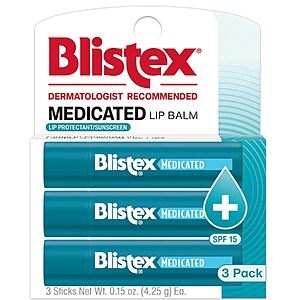 $3.99 – Save Big on Two Blistex Medicated Lip Balm SPF 15, 24 Hr Moisture, 0.15 oz, 3 Count — Only  Each at Amazon