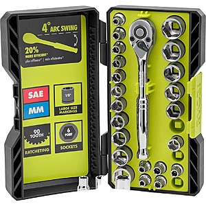 $19.97 – RYOBI 26-Piece 1/4 in. Drive Standard (SAE) and Metric Mechanics Ratchet Set and Socket Set