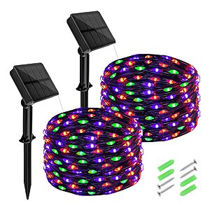 $4.99 – 2 Pack cshare Halloween Solar Fairy Lights 16.4FT 50LED Each, Orange Purple Green Halloween Lights Waterproof Outdoor Black Wire String Lights