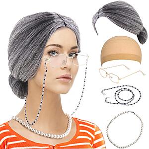 $4.99 – Amazon Haul: Feacole Old Lady Costume Set Grandma Madea Granny Wig Cosplay for Halloween Bun Gray