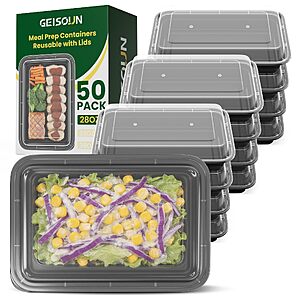 $14.99 – 50-Pack 28-Oz Geisoun Meal Prep Containers Reusable with Easy Open Lids (Black)  + Free Shipping w/ Prime or on $35+