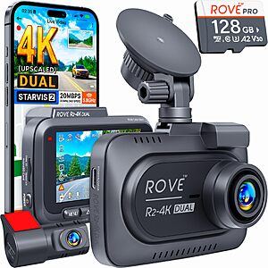 $107.99 – Prime Day ROVE R2-4K Dual Dash Cam Front and Rear, STARVIS 2 Sensor, Free 128GB Card