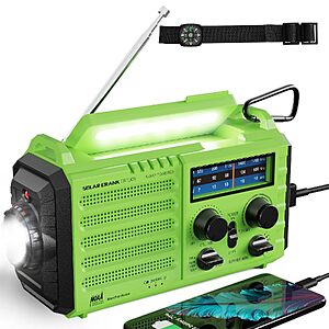 $14.24 – ROCAM 5000mAh Solar Hand-Crank NOAA Emergency Weather Radio w/ AM/FM/SW, Flashlight & SOS Alarm (Green) –  + Free Shipping