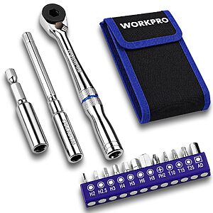$11.55 – Prime Exclusive: WORKPRO 1/4” Mini Ratchet Wrench, T-Handle Extension & Magnetic Bit Holder at  on Amazon