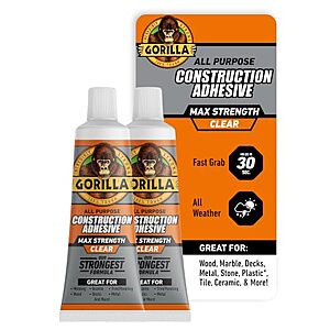 $9.99 – | 2-Pack 2.5-Oz Gorilla Max Strength Construction Adhesive (Clear) at Amazon