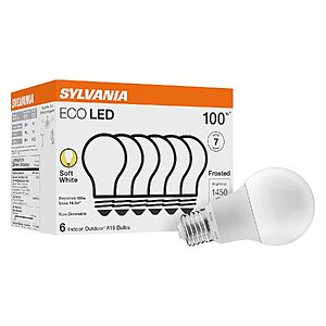 $7.20 – Prime Members: 6-Pack Sylvania ECO LED A19 Light Bulb (100W Equivalent, 2700K Soft White) –  + Free Shipping