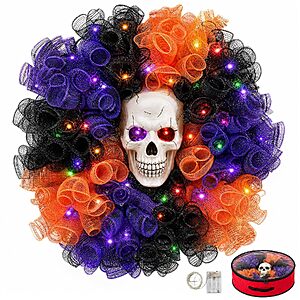 $12.59 – 24″ Wizcave Halloween Skull Wreath w/ Color-Changing Lights on Sale for with Free Shipping