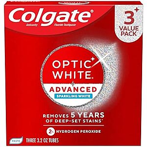 $6.78 – SnS, AC * | 3-Pack 3.2-Oz Colgate Optic White Advanced Hydrogen Peroxide Toothpaste at Amazon