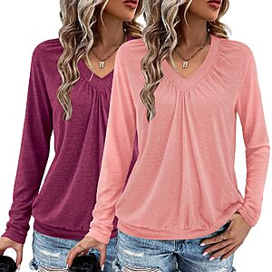 $9.74 – 2-Pack AIZHING Women’s V Neck Ruched Long Sleeve Tops  + Free Shipping w/ Prime or on $35+