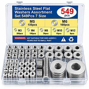 $4.99 – 549-Piece 18-8 Stainless Steel Metric Flat Washer Assortment Kit (M3–M12) w/ Storage Case  + Free Shipping w/ Prime or on $35+