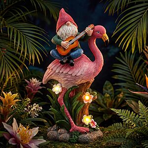 $12.49 – EXYGLO Solar Gnome Garden Statue Decor, 10″ Gnome Riding Flamingo  AC