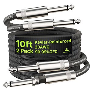 $13.99 – 2-Pack 10′ AA Audio Accessory Dual Shielded 20AWG Guitar Cables Now + Free Shipping with Prime or on $35+